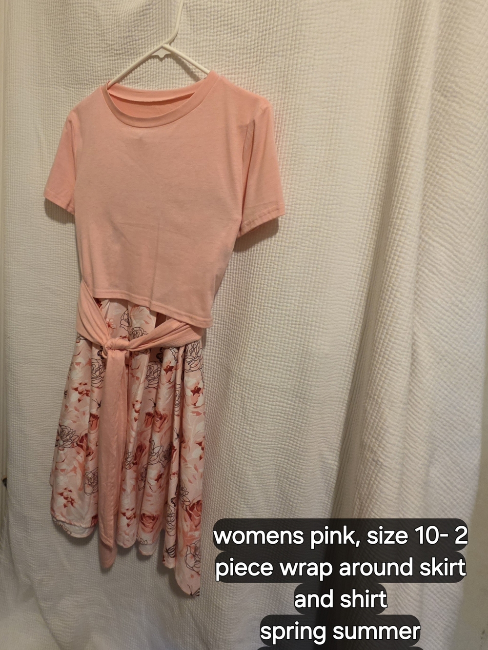 Soft Pink Two-Piece Midi Dress Set — Tie-Waist Top & Floral Skirt